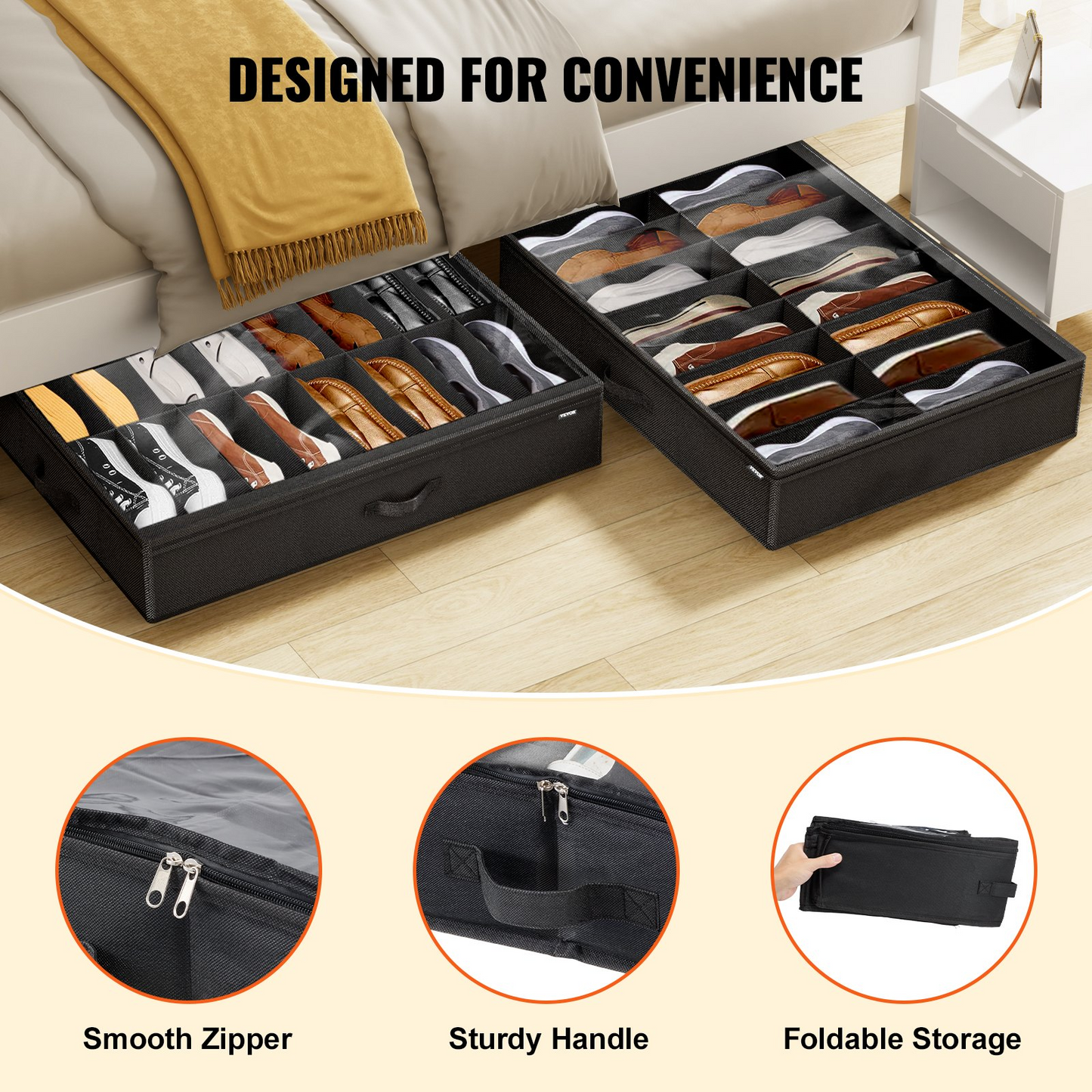 Under Bed Shoe Storage Organizer Set of 2 – Fits 32 Pairs, Large Breathable Containers with Reinforced Handles