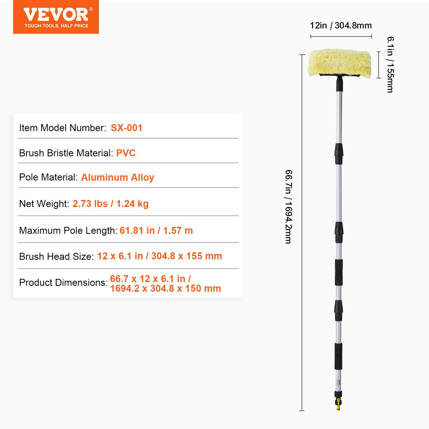 67-Inch Extendable Car Wash Brush with 12" Soft PVC Bristle Head - Lightweight, Durable, Adjustable Aluminum Pole - Effective and Comfortable Vehicle Cleaning Tool