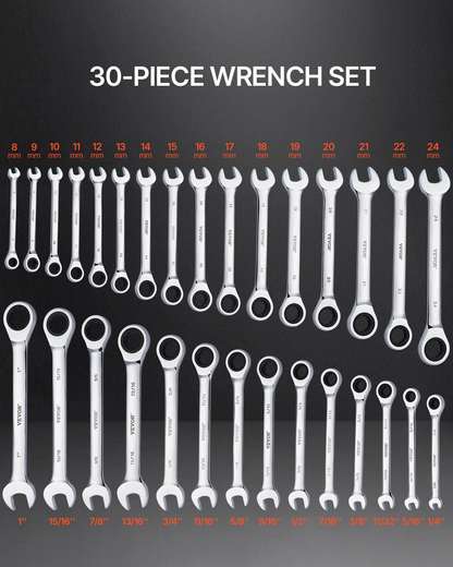 Premium 30-Piece Combination Wrench Set - SAE 1/4" to 1", Metric 8mm to 24mm with Organizer Rack | Anti-Slip Design, Chrome Vanadium Steel for Durability, Ergonomic Grip for Comfort