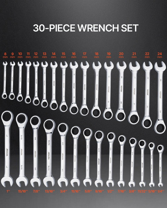 Premium 30-Piece Combination Wrench Set - SAE 1/4" to 1", Metric 8mm to 24mm with Organizer Rack | Anti-Slip Design, Chrome Vanadium Steel for Durability, Ergonomic Grip for Comfort