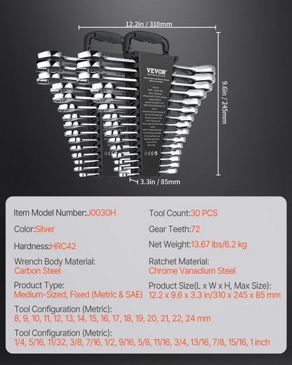 Premium 30-Piece Combination Wrench Set - SAE 1/4" to 1", Metric 8mm to 24mm with Organizer Rack | Anti-Slip Design, Chrome Vanadium Steel for Durability, Ergonomic Grip for Comfort