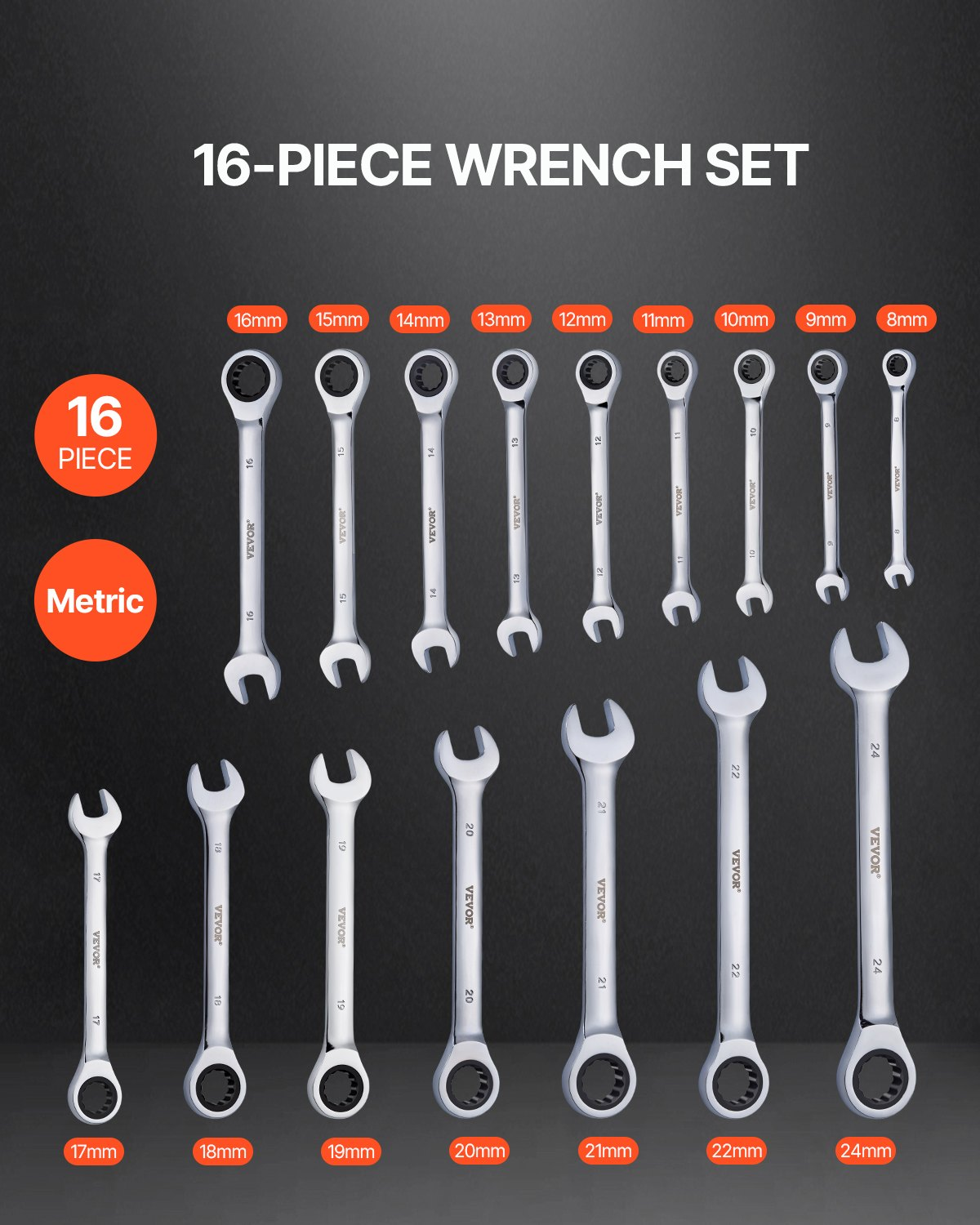 VEVOR 16-Piece Combination Wrench Set, Metric 8mm to 24mm, Anti-Slip Design with Organizer Rack, Ergonomic and Durable Chrome Vanadium Steel Tools