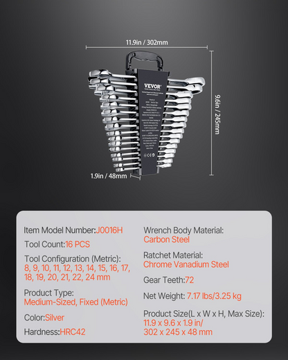 VEVOR 16-Piece Combination Wrench Set, Metric 8mm to 24mm, Anti-Slip Design with Organizer Rack, Ergonomic and Durable Chrome Vanadium Steel Tools