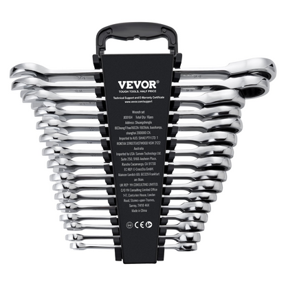 VEVOR 16-Piece Combination Wrench Set, Metric 8mm to 24mm, Anti-Slip Design with Organizer Rack, Ergonomic and Durable Chrome Vanadium Steel Tools