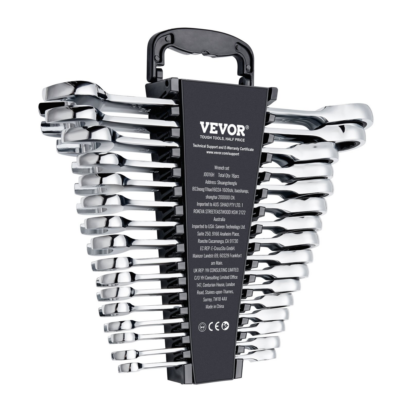 VEVOR 16-Piece Combination Wrench Set, Metric 8mm to 24mm, Anti-Slip Design with Organizer Rack, Ergonomic and Durable Chrome Vanadium Steel Tools