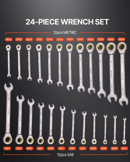 Premium 24-Piece Combination Wrench Set - SAE 1/4" to 7/8" & Metric 8-19 mm with Ergonomic Organizer Rack