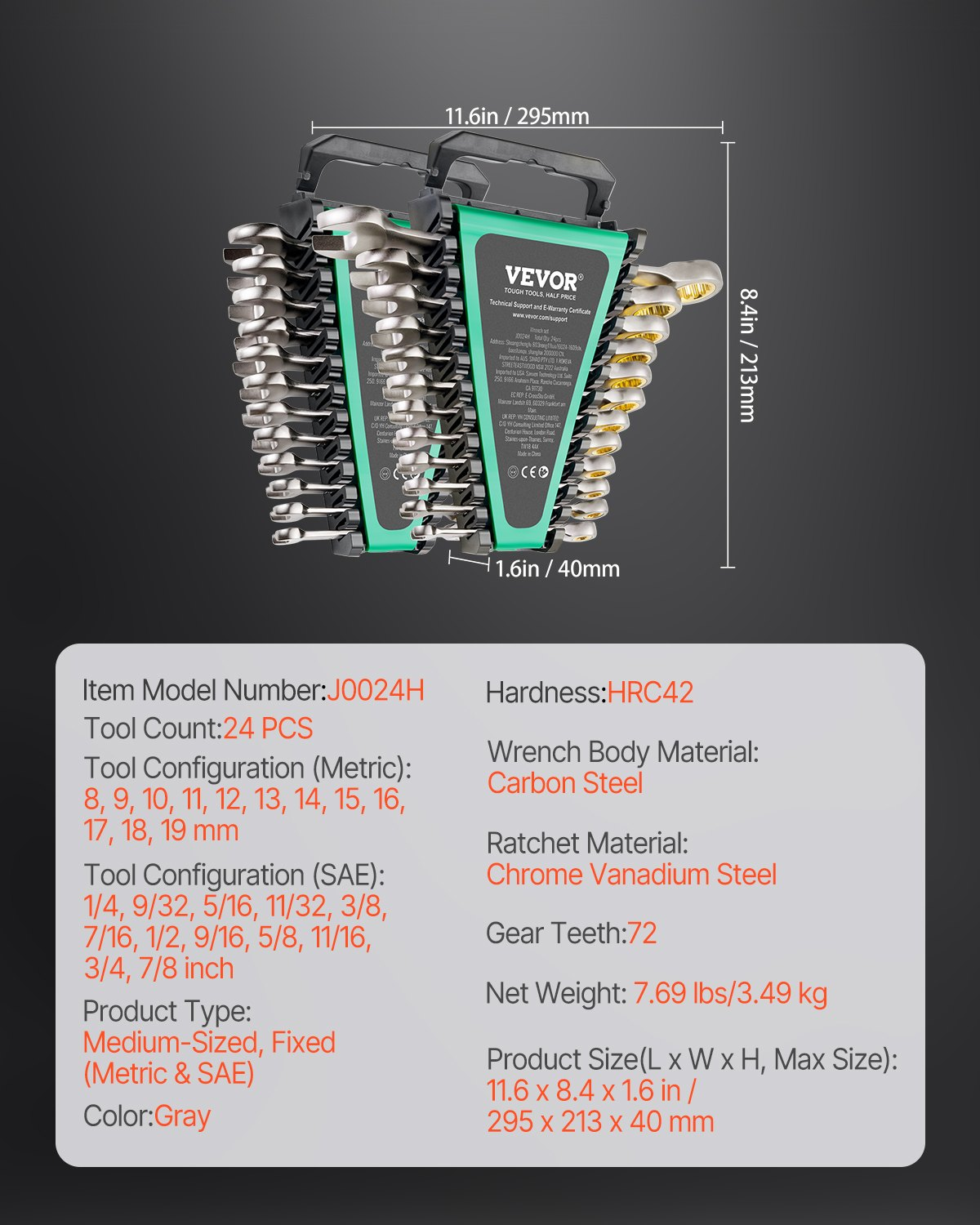 Premium 24-Piece Combination Wrench Set - SAE 1/4" to 7/8" & Metric 8-19 mm with Ergonomic Organizer Rack