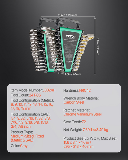 Premium 24-Piece Combination Wrench Set - SAE 1/4" to 7/8" & Metric 8-19 mm with Ergonomic Organizer Rack