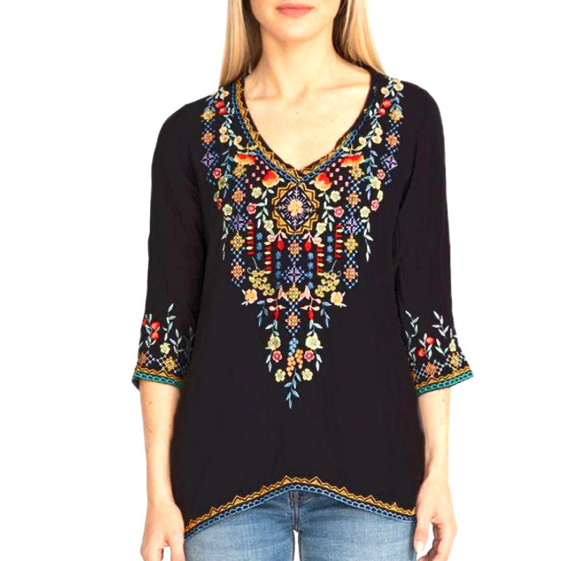 Private Garden Embroidered Tunic Tops In Vivid Colors - Elegant and Bohemian Chic