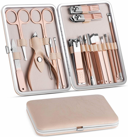 18-in-1 Lovely Lady DIY Manicure Pedicure Tool Set | Stainless Steel | Rose Gold Accents