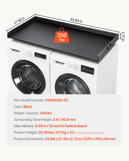 Black Wooden Washer and Dryer Countertop - 54" x 27" Durable Topper for Laundry Room - Easy Installation, Space-Saving, Multi-Functional
