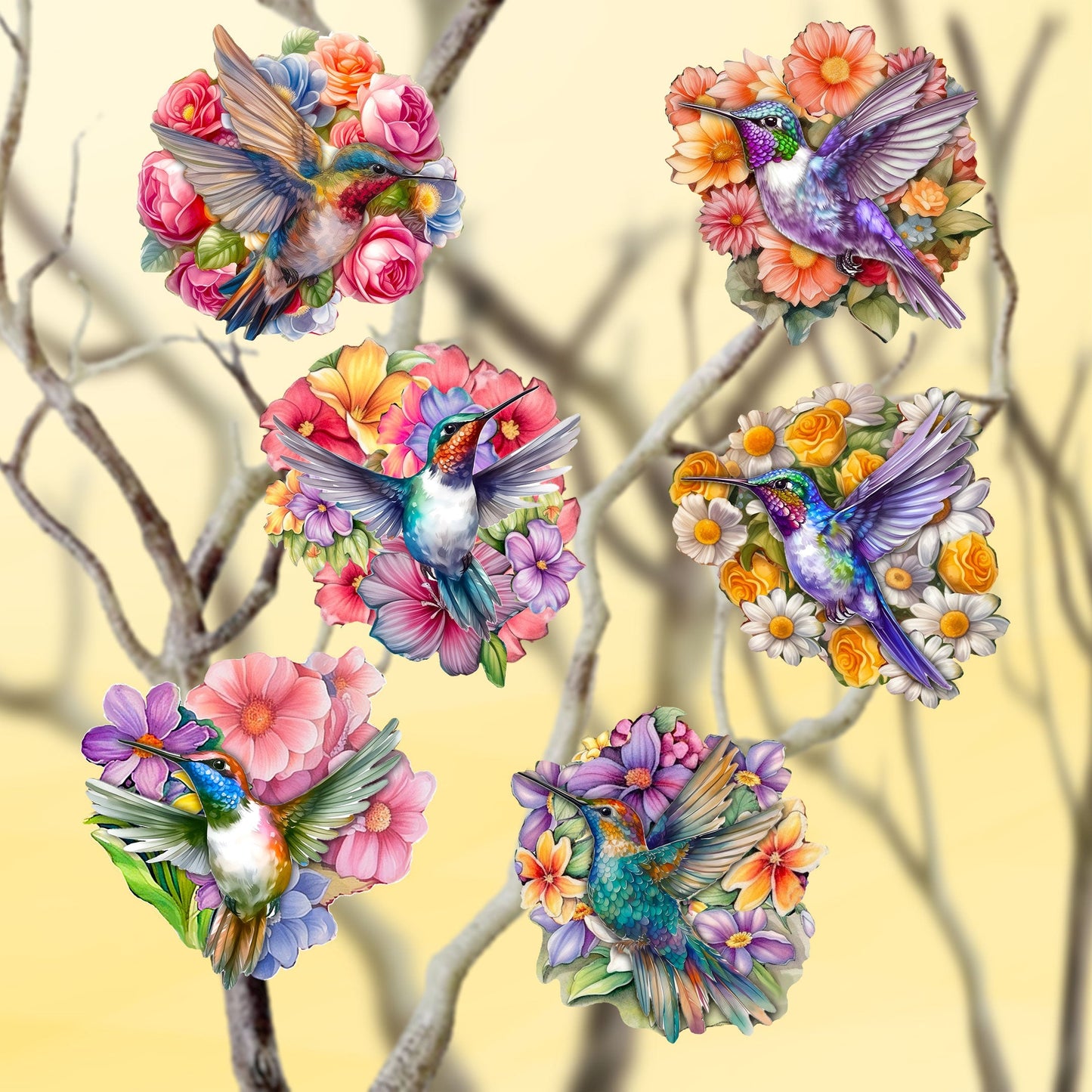 Hummingbirds Decorative Wooden Clip-on Ornaments Set of 6 by G. Debrekht - Easter Spring Decor - 8090140C-S6-0