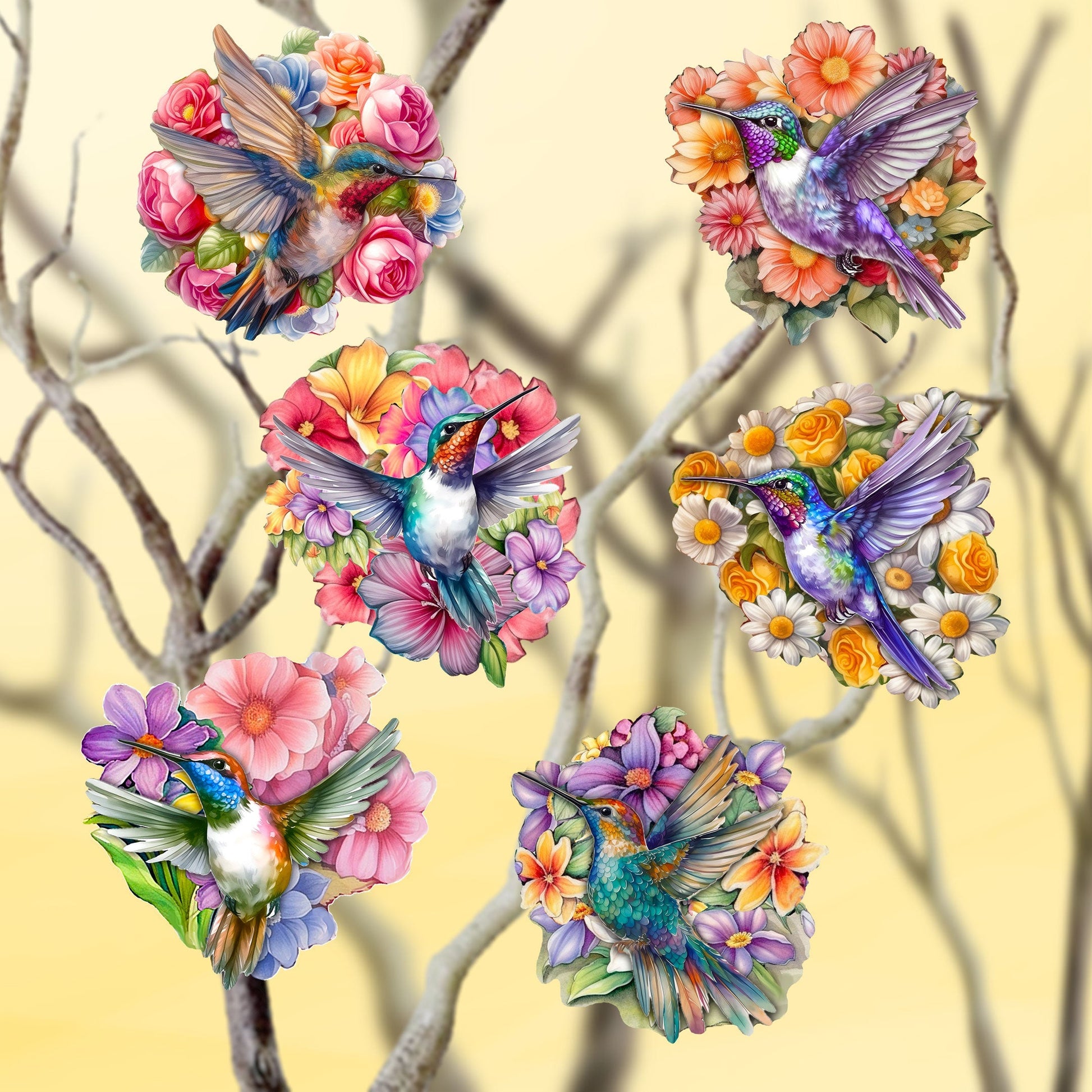 Hummingbirds Decorative Wooden Clip-on Ornaments Set of 6 by G. Debrekht - Easter Spring Decor - 8090140C-S6-0