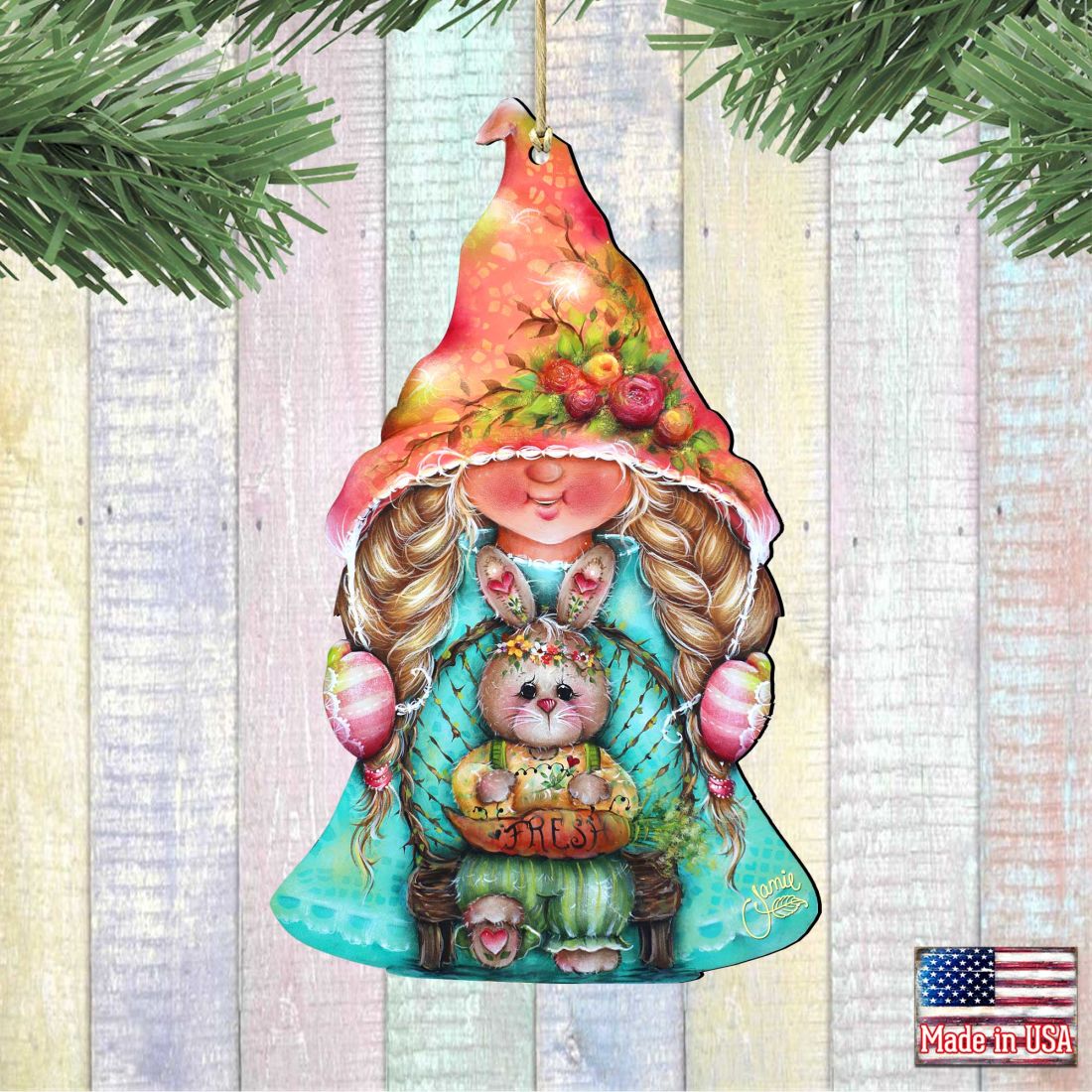 Gnome Girl with Bunny Wooden Ornaments by Jamie Mills-Price - Easter Spring Decor - 8457610-3