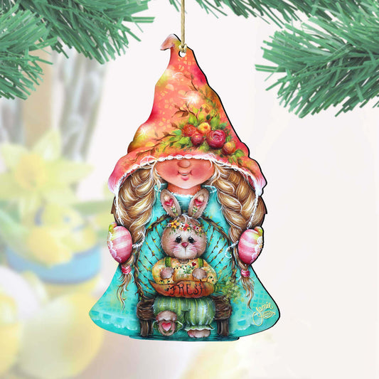 Gnome Girl with Bunny Wooden Ornaments by Jamie Mills-Price - Easter Spring Decor - 8457610-0