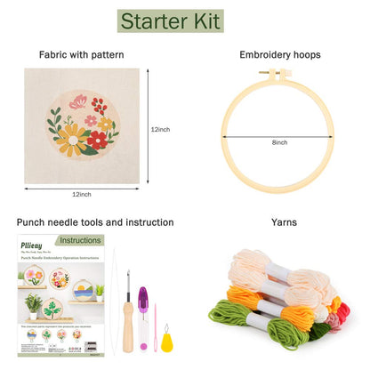 Pllieay Punch Needle Embroidery Starter Kits for Kids and Adults Beginners, Include Instructions, Punch Needle Fabric with Floral Pattern, Yarns, Embroidery Hoops and Threader Tools