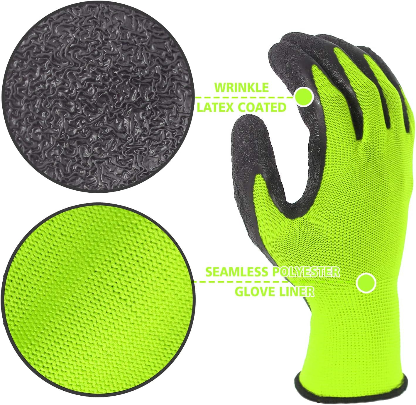 Crinkle Latex Rubber Hand Coated Safety Work Gloves for Men Women General Multi Use Construction Warehouse Gardening Assembly Landscaping (Medium,Green 12 Pairs)