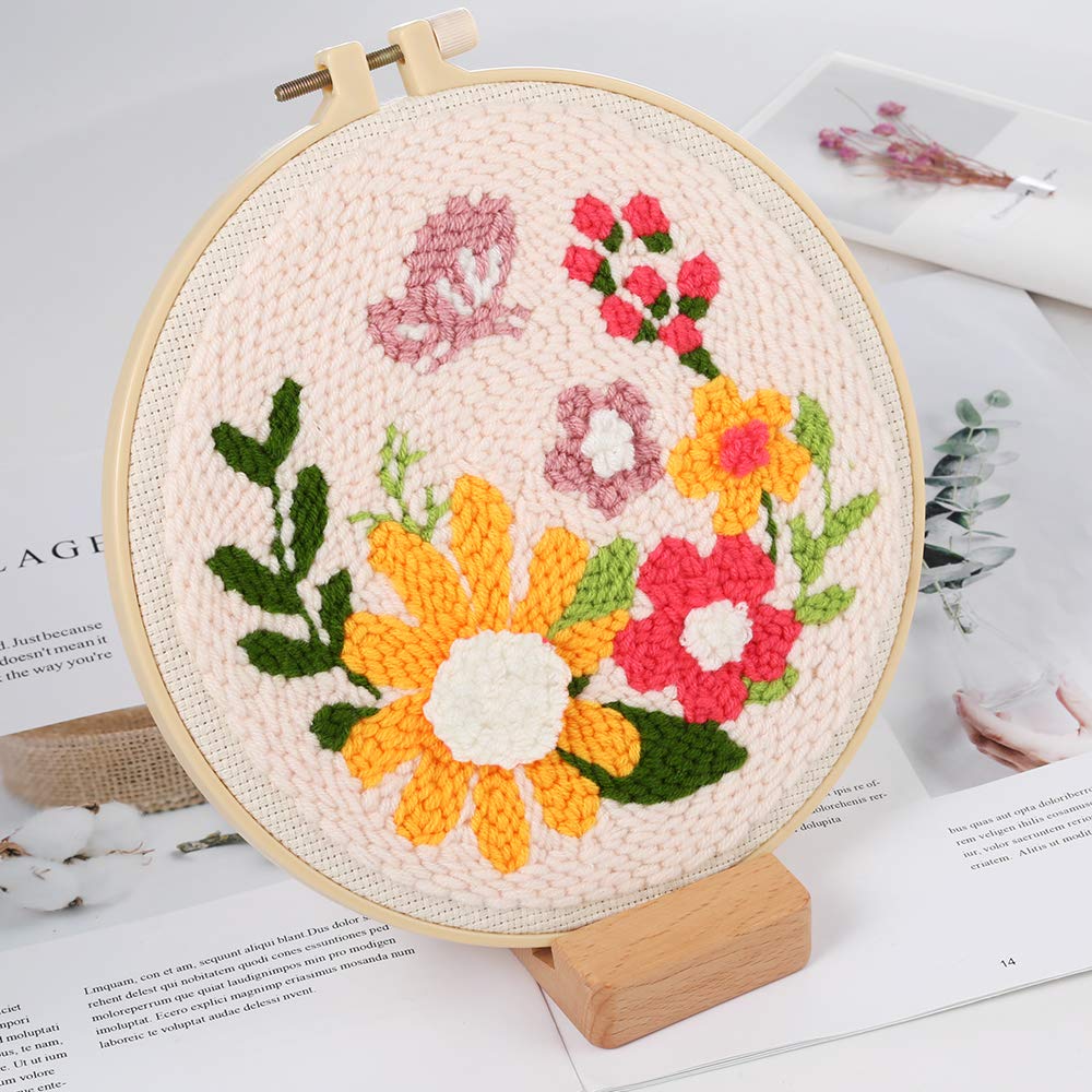 Pllieay Punch Needle Embroidery Starter Kits for Kids and Adults Beginners, Include Instructions, Punch Needle Fabric with Floral Pattern, Yarns, Embroidery Hoops and Threader Tools