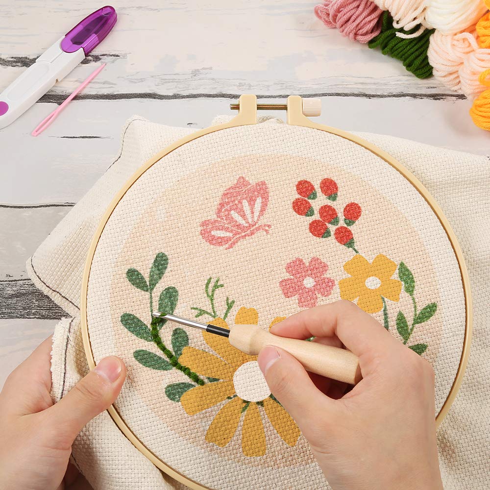 Pllieay Punch Needle Embroidery Starter Kits for Kids and Adults Beginners, Include Instructions, Punch Needle Fabric with Floral Pattern, Yarns, Embroidery Hoops and Threader Tools