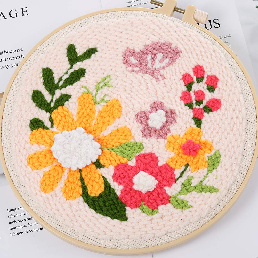 Pllieay Punch Needle Embroidery Starter Kits for Kids and Adults Beginners, Include Instructions, Punch Needle Fabric with Floral Pattern, Yarns, Embroidery Hoops and Threader Tools