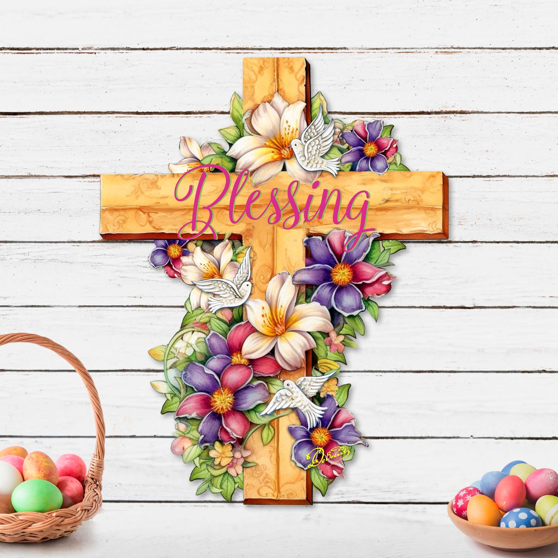 Floral Dove Blessing Cross Holiday Door Decor by G. Debrekht - Easter Spring Decor - 8688163H-2
