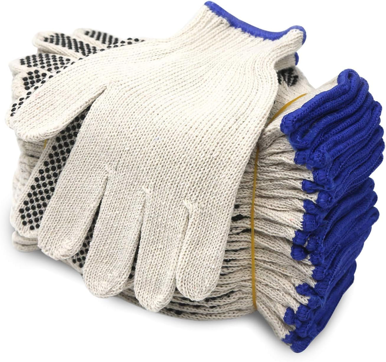 Cotton Polyester String Knit Shell Safety Protection Work Gloves for Painter Mechanic Industrial Warehouse Gardening Construction Men & Women 12 Pairs, with One Side Dots, L Size