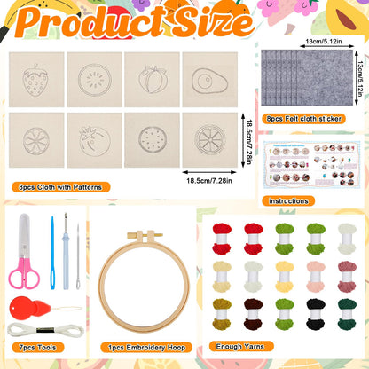 Preboun 8 Pcs Fruit Punch Needle Coaster Kit, Punch Needle Embroidery Kit for Adults Beginners, Punch Needle Set Punch Needle Supplies Tufted Coasters Including Yarns Hoop Tools DIY Needle Punch Craft