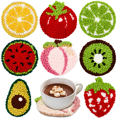 Preboun 8 Pcs Fruit Punch Needle Coaster Kit, Punch Needle Embroidery Kit for Adults Beginners, Punch Needle Set Punch Needle Supplies Tufted Coasters Including Yarns Hoop Tools DIY Needle Punch Craft