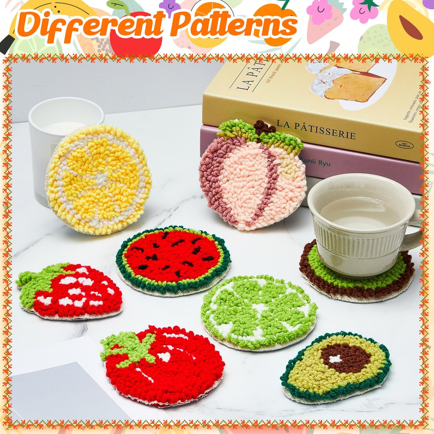 Preboun 8 Pcs Fruit Punch Needle Coaster Kit, Punch Needle Embroidery Kit for Adults Beginners, Punch Needle Set Punch Needle Supplies Tufted Coasters Including Yarns Hoop Tools DIY Needle Punch Craft