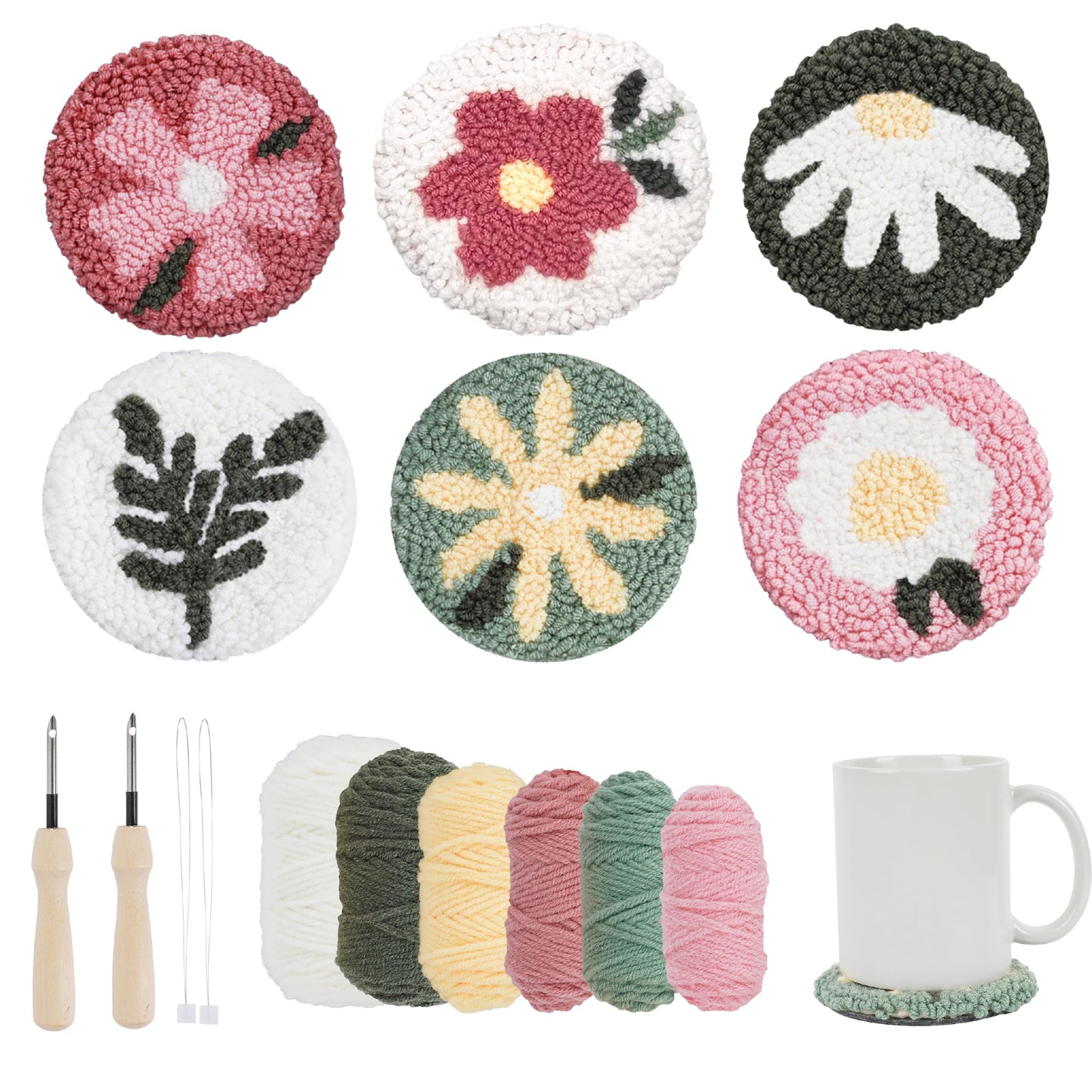 Punch Needle Kit – 6 Floral Design Punch Needle Embroidery Kit w/Monk Cloth, Embroidery Hoop, Yarn & More - Essential Punch Needle Supplies for Crafters - Ideal Punch Art for Beginners