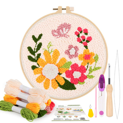 Pllieay Punch Needle Embroidery Starter Kits for Kids and Adults Beginners, Include Instructions, Punch Needle Fabric with Floral Pattern, Yarns, Embroidery Hoops and Threader Tools