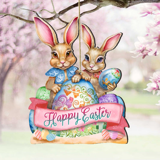 Holiday Easter Ornaments, Easter Gifts, Easter Basket Tag - Happy Easter Bunnies Wooden Ornaments by G. Debrekht Easter Spring Décor - 8652782-0