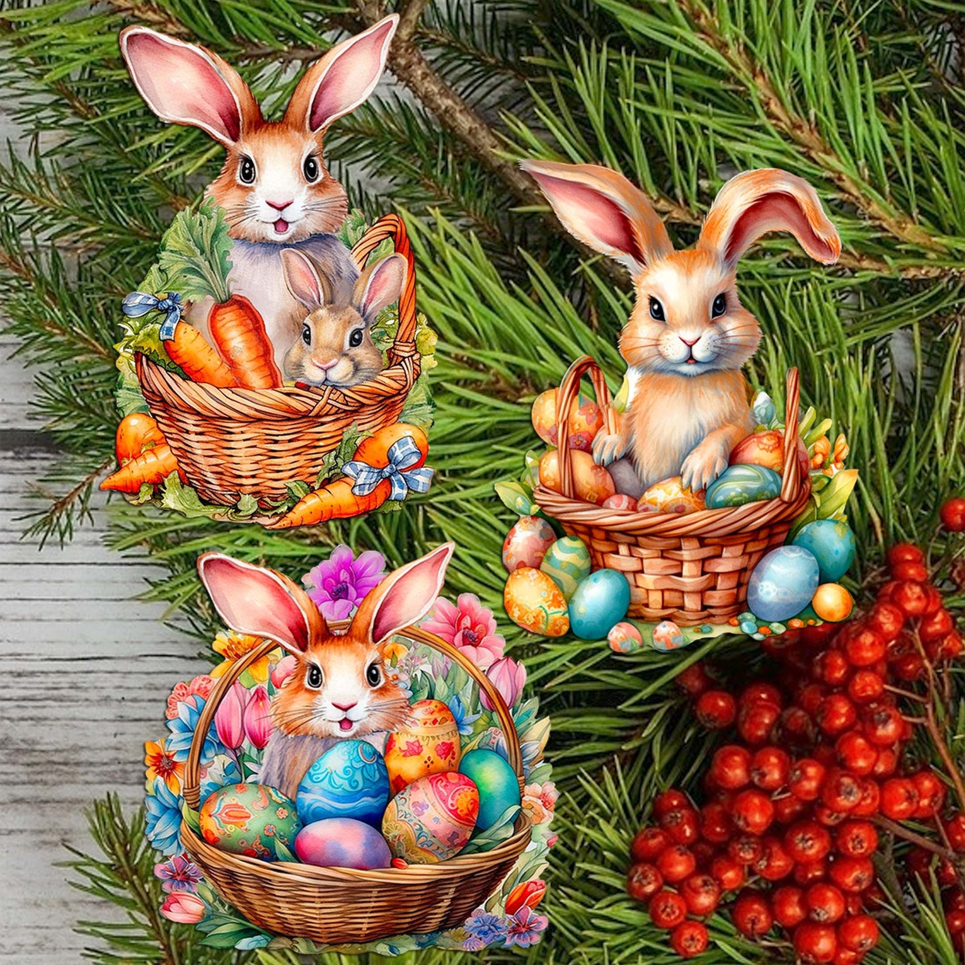 Eggs and Bunnies Decorative Wooden Clip-on Ornaments Set of 3 by G. Debrekht - Easter Decor - 8091057C-S3-2