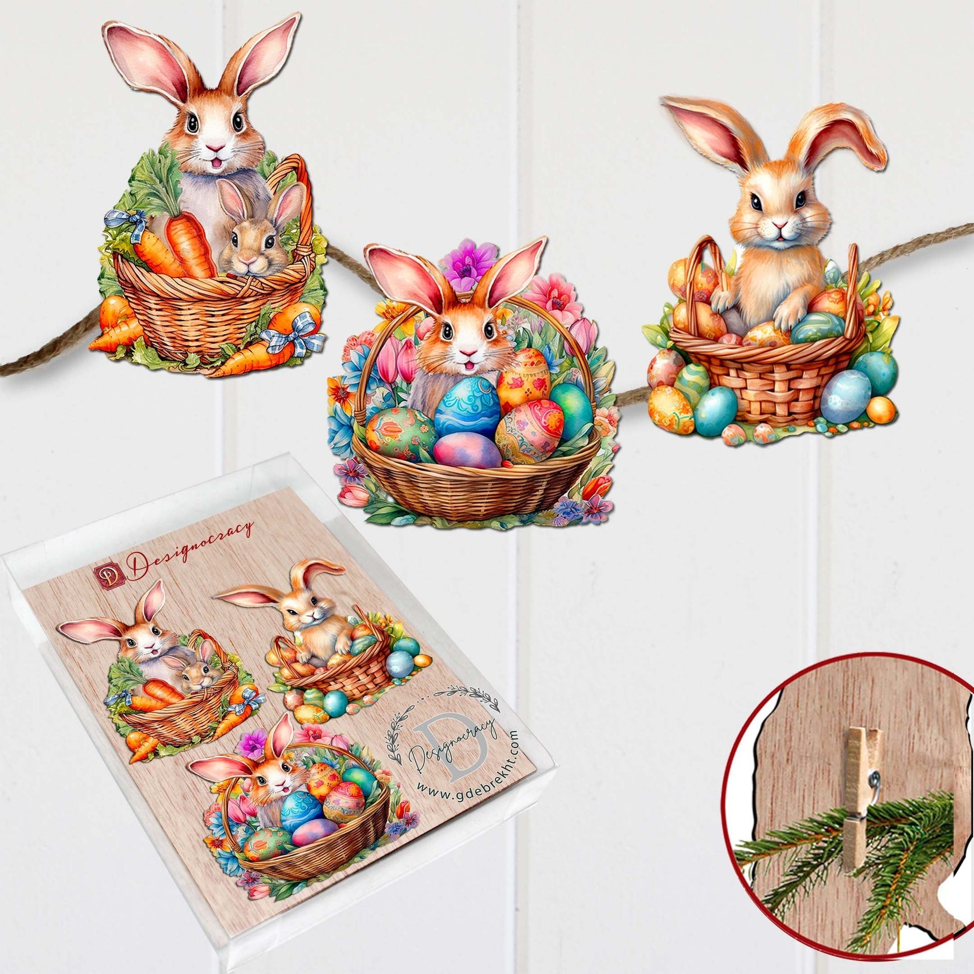 Eggs and Bunnies Decorative Wooden Clip-on Ornaments Set of 3 by G. Debrekht - Easter Decor - 8091057C-S3-1