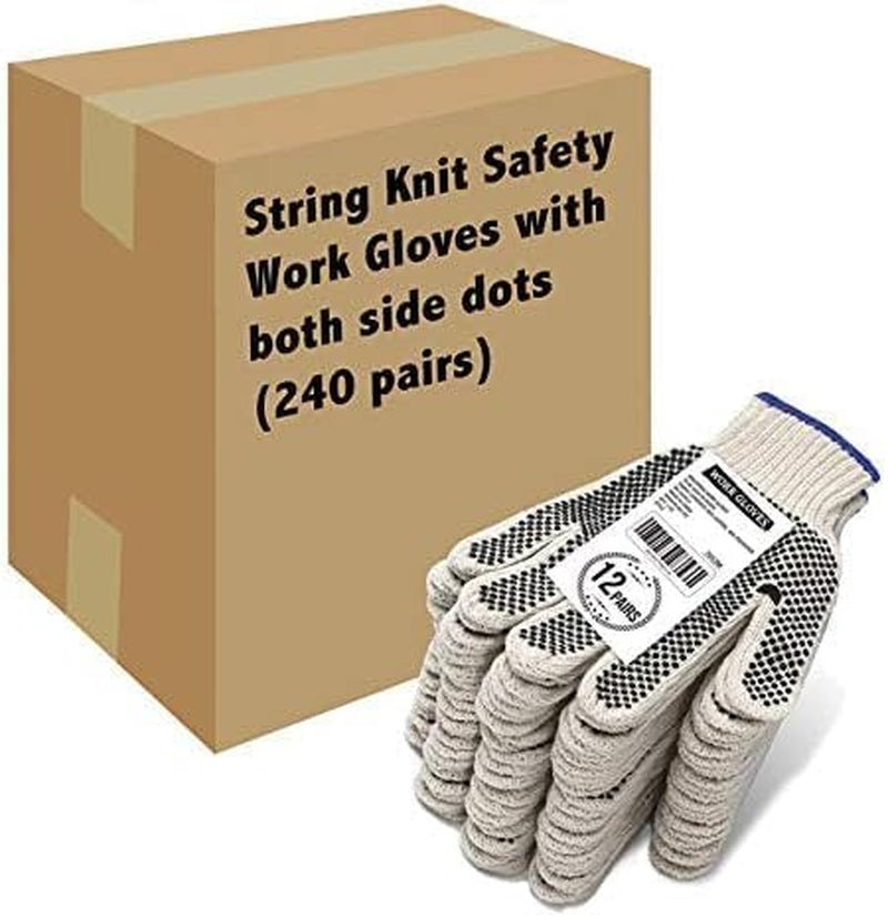 Cotton Polyester String Knit Shell Safety Protection Work Gloves for Painter Mechanic Industrial Warehouse Gardening Construction Men & Women 12 Pairs, with One Side Dots, L Size