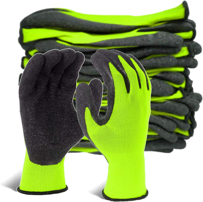 Crinkle Latex Rubber Hand Coated Safety Work Gloves for Men Women General Multi Use Construction Warehouse Gardening Assembly Landscaping (Medium,Green 12 Pairs)