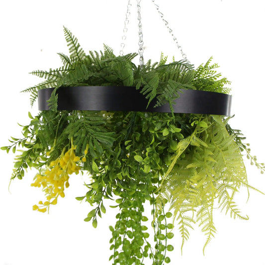 Black Framed Roof Hanging Disc With Draping Faux Plants 15.5"-0