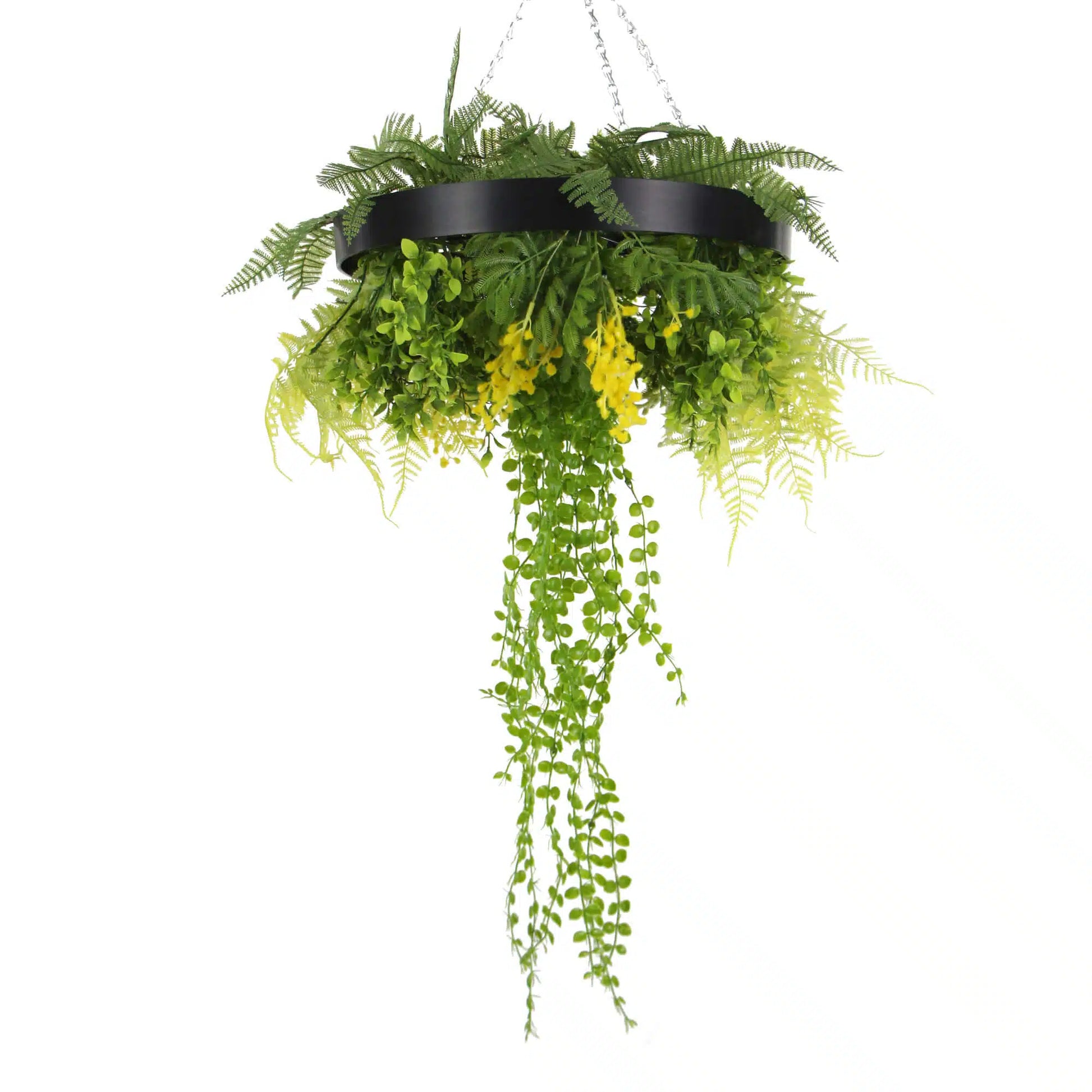Black Framed Roof Hanging Disc With Draping Faux Plants 15.5"-3