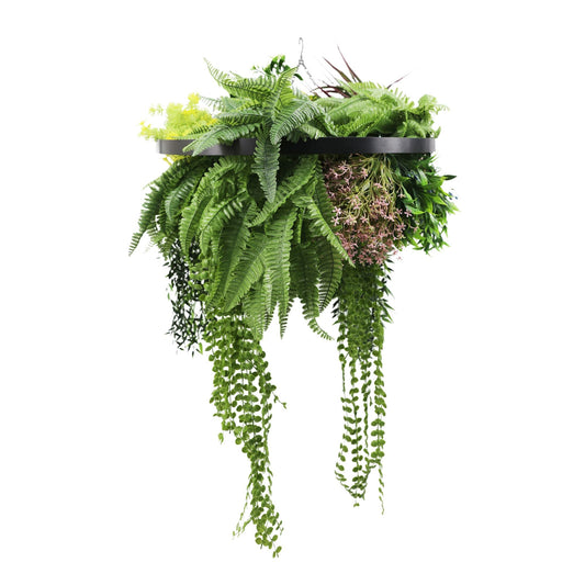 Black Framed Roof Hanging Disc With Tropical Foliage Mix and Draping Stems UV Resistant Medium-0