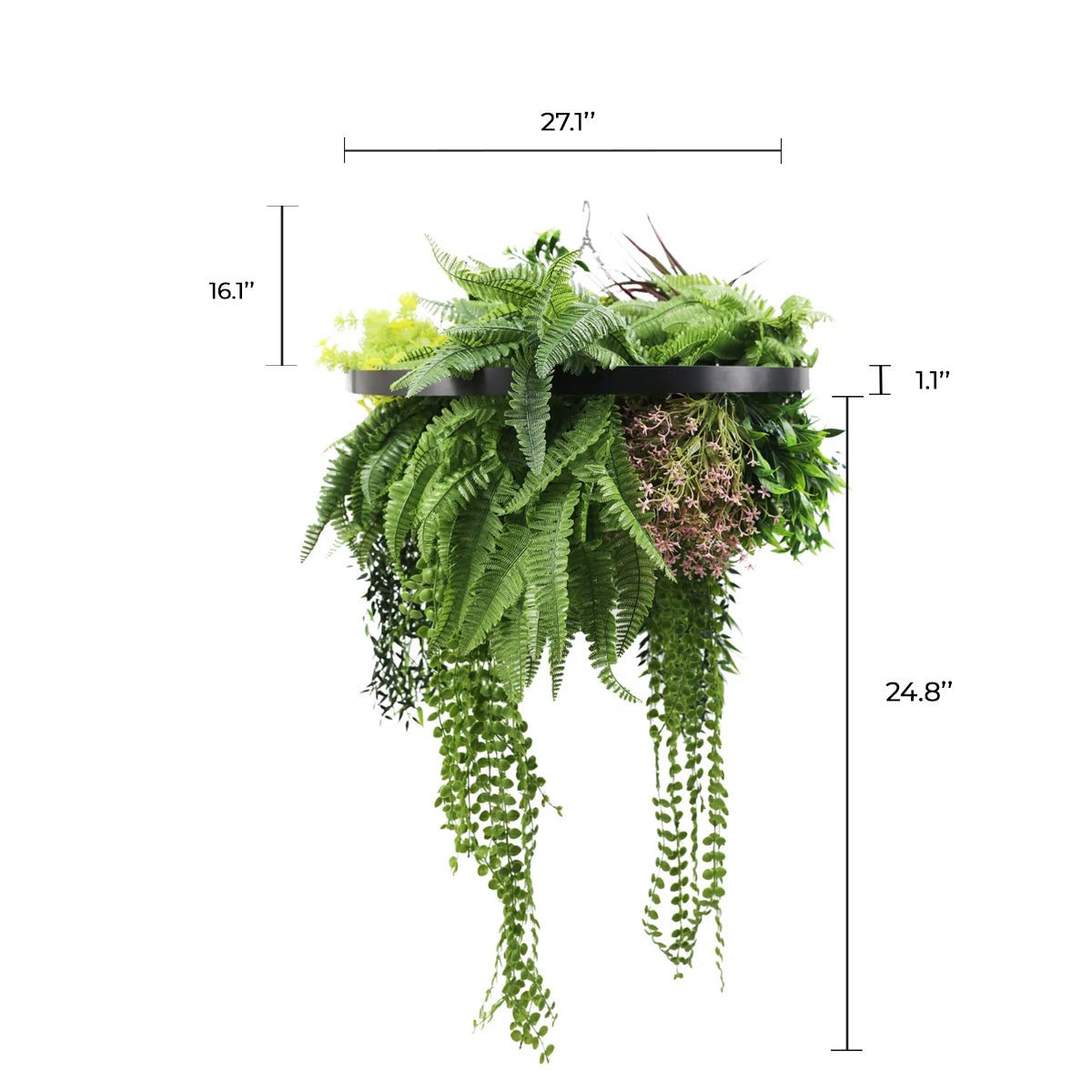Black Framed Roof Hanging Disc With Tropical Foliage Mix and Draping Stems UV Resistant Medium-1