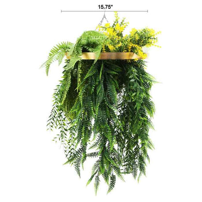 Gold Framed Roof Hanging Disc With Bright Tropical Folaige Mix and Draping Ferns UV Resistant Small-2