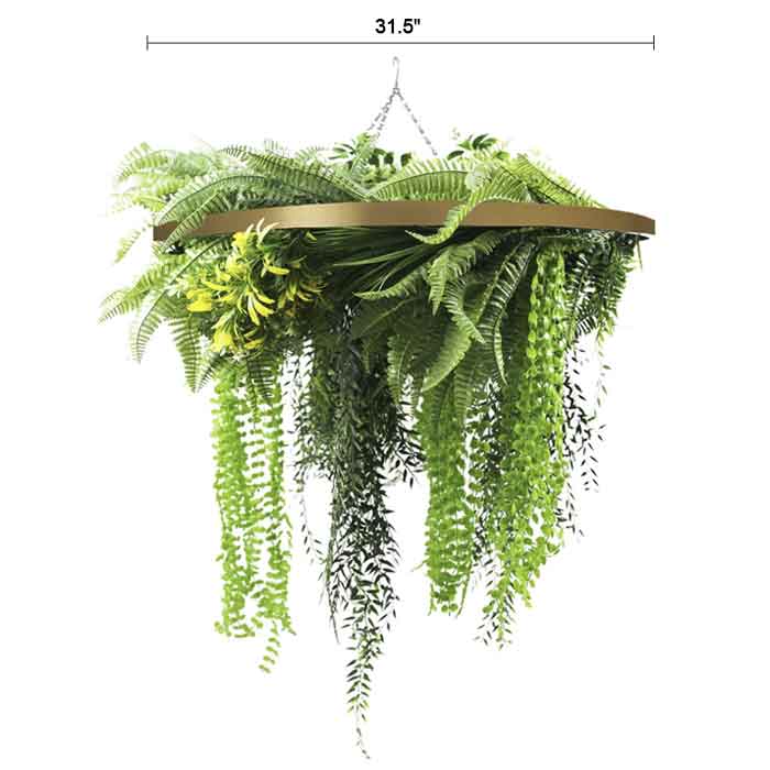 Gold Framed Roof Hanging Disc With Draping Life-Like Ferns and Plants 31.5" UV Resistant-2
