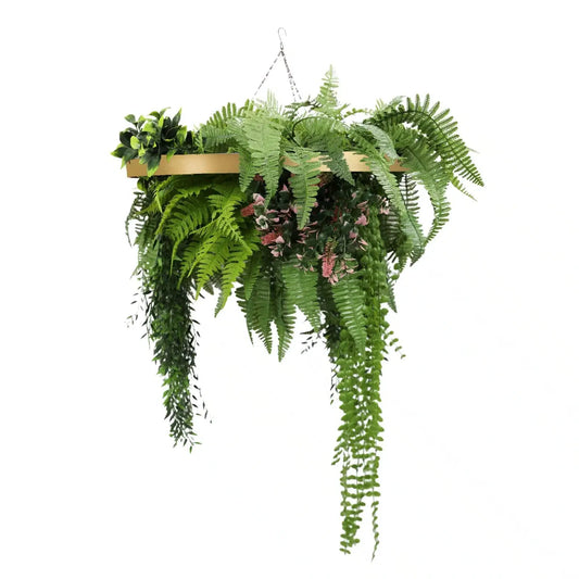 Gold Framed Roof Hanging Disc With Draping Life-Like Plants 23.6"-0