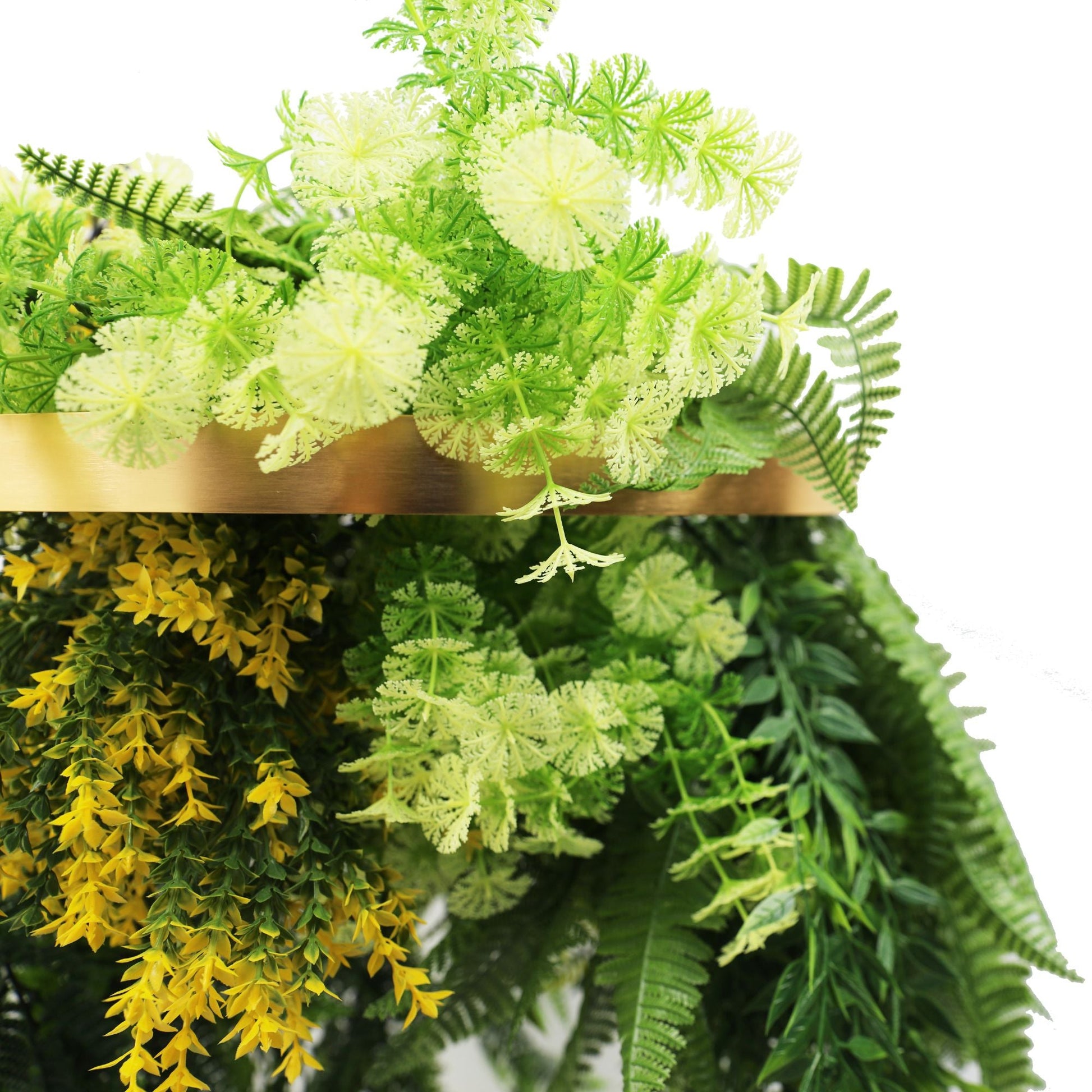 Gold Framed Roof Hanging Disc With Draping Life-Like Ferns and Plants 31.5" UV Resistant-3