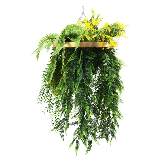 Gold Framed Roof Hanging Disc With Bright Tropical Folaige Mix and Draping Ferns UV Resistant Small-0