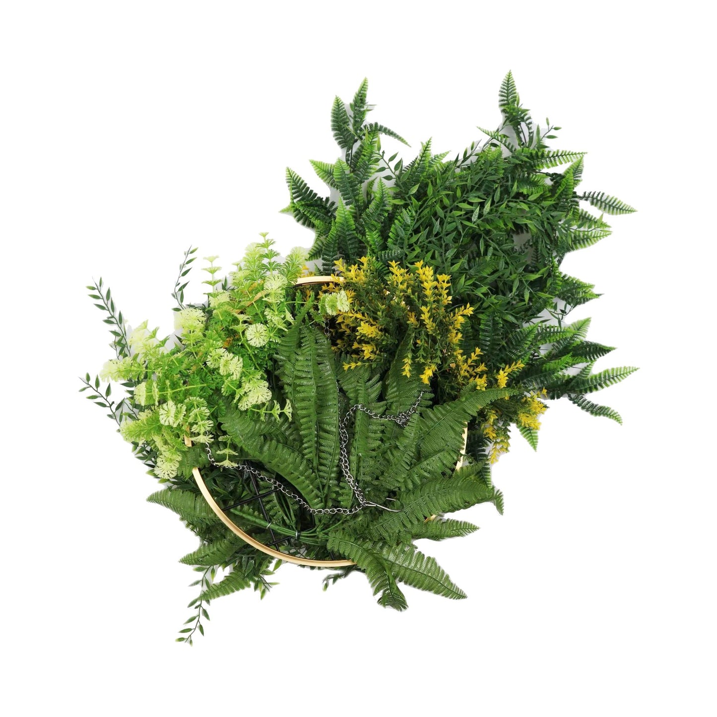 Gold Framed Roof Hanging Disc With Draping Life-Like Ferns and Plants 31.5" UV Resistant-4