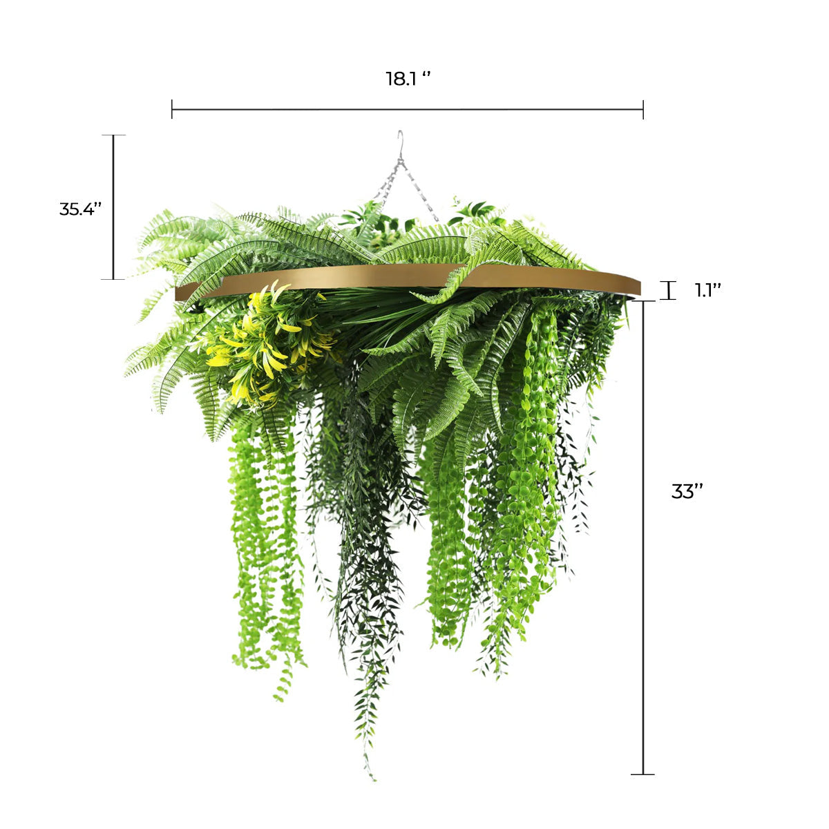 Gold Framed Roof Hanging Disc With Draping Life-Like Ferns and Plants 31.5" UV Resistant-1