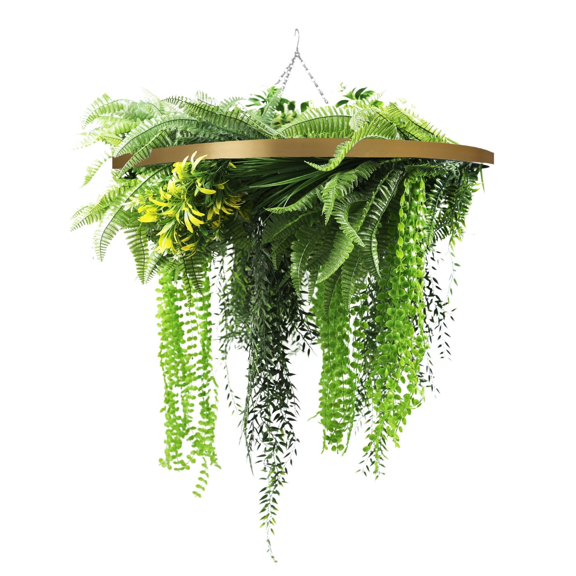Gold Framed Roof Hanging Disc With Draping Life-Like Ferns and Plants 31.5" UV Resistant-0