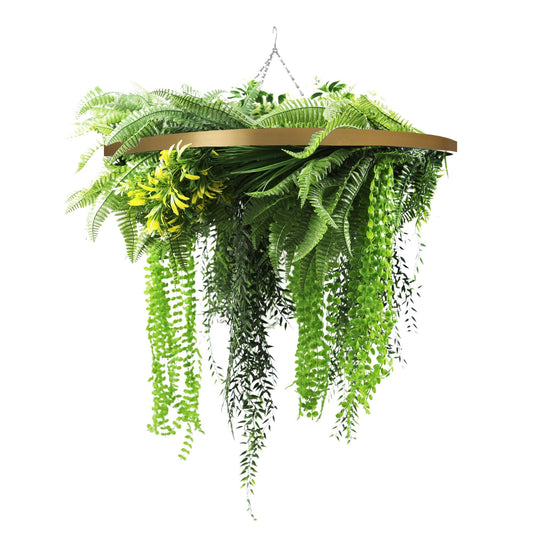 Gold Framed Roof Hanging Disc With Draping Life-Like Ferns and Plants 31.5" UV Resistant-0