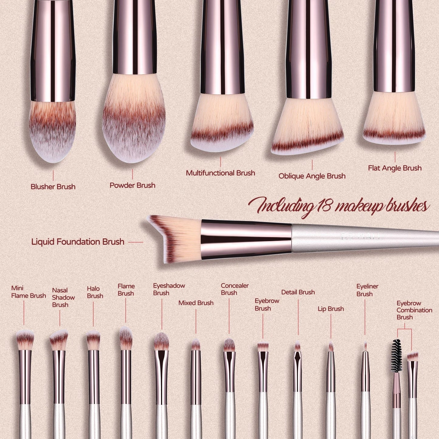 BS-MALL 18pcs Champagne Gold Makeup Brush Private Label Custom Makeup Cosmetic Brushes Set with Brush Holder-2